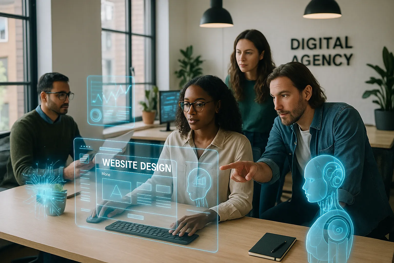 Equipe trabalhando na criação de sites profissionais com IA