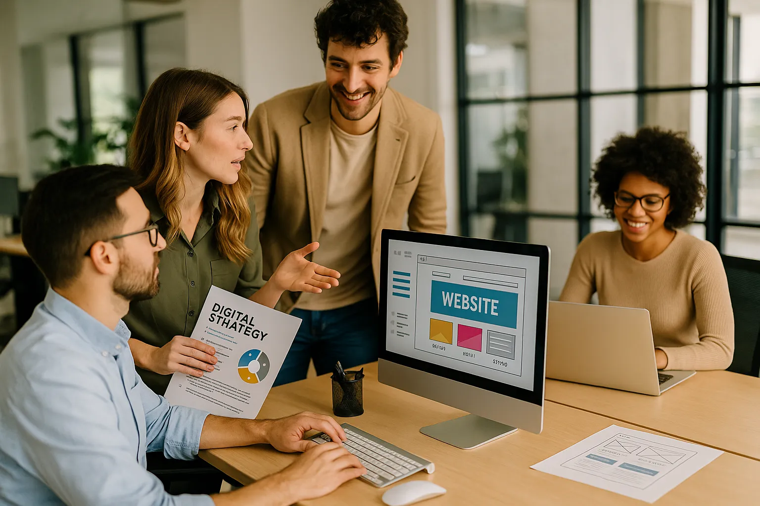 Equipe trabalhando na criação de sites profissionais.