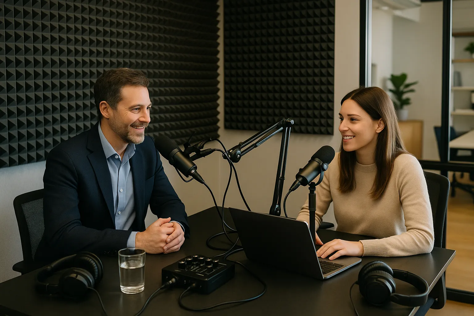 Estúdio de podcast moderno com equipamentos profissionais
