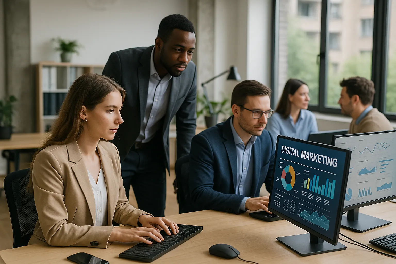 Profissionais discutindo estratégias de marketing digital com o Curso Completo de N8N.