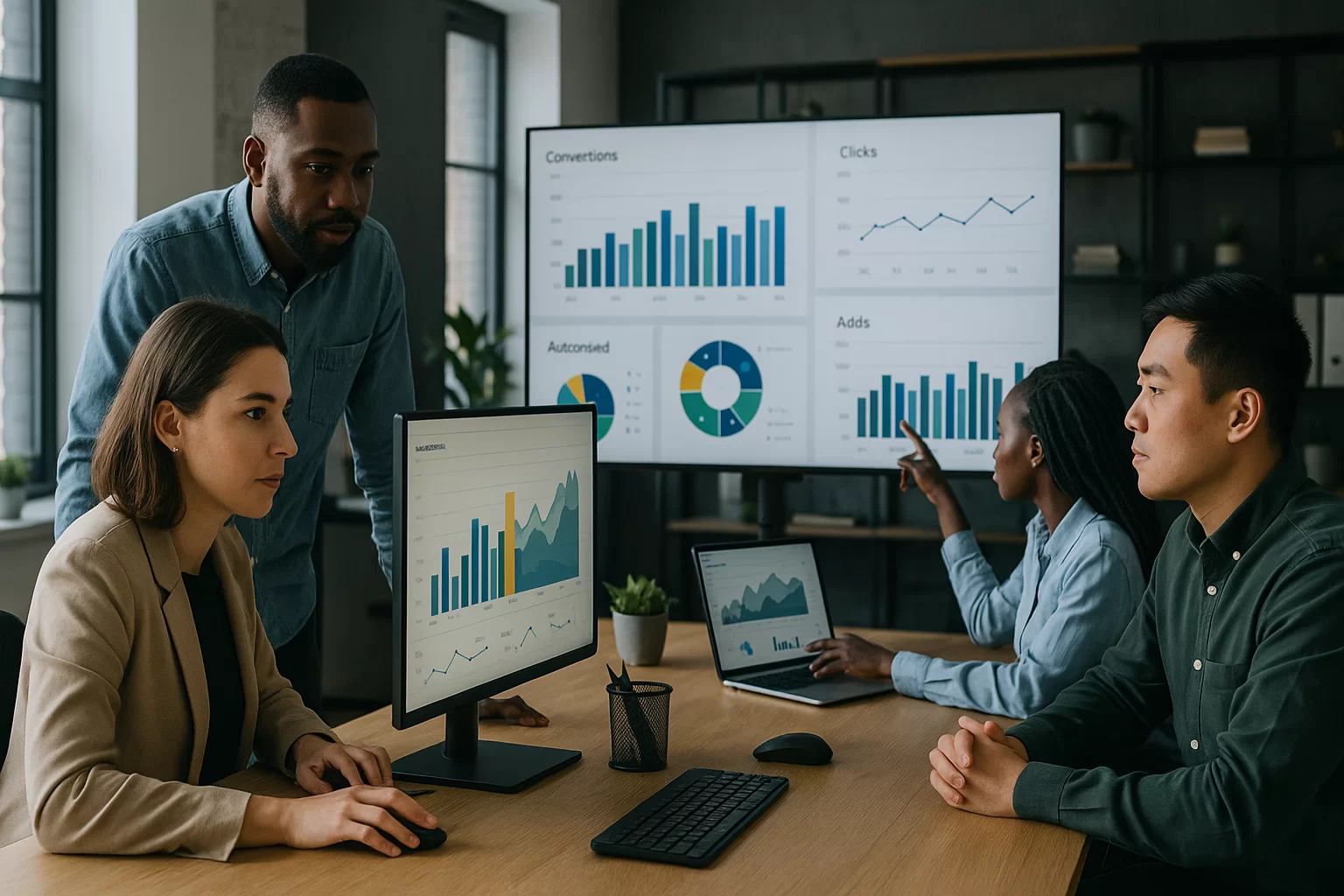 Equipe de marketing digital analisando dados em um escritório moderno.