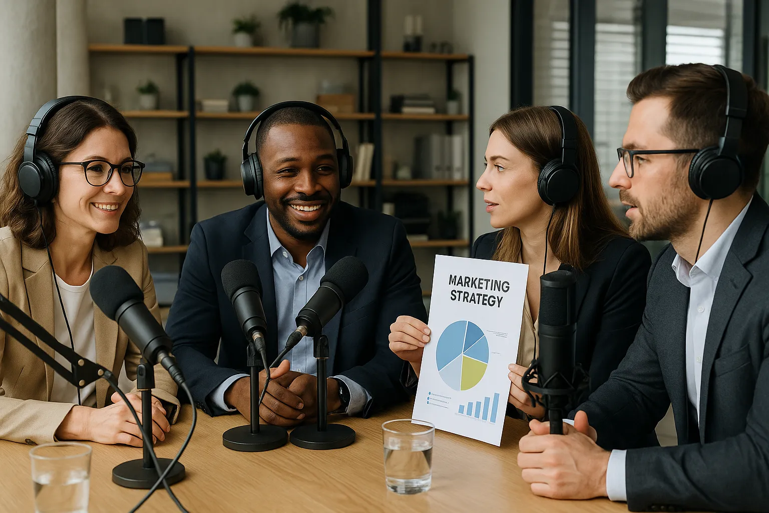 Estúdio de podcast para marketing digital com microfones e equipe de negócios.