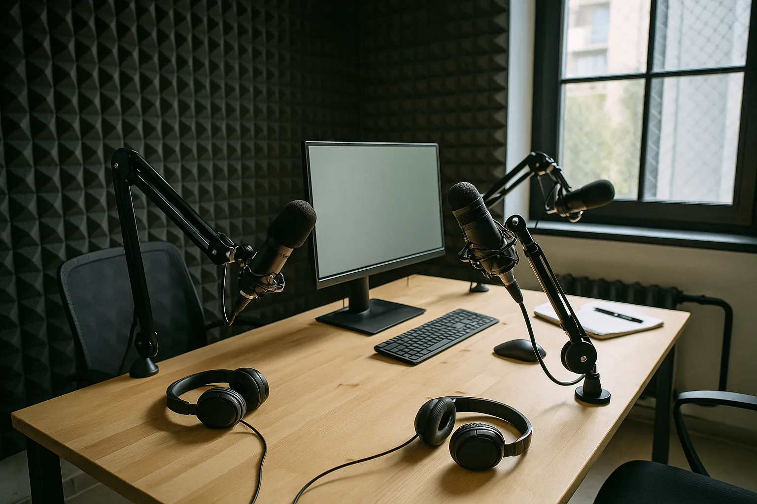 Estúdio de podcast marketing digital com microfones profissionais.