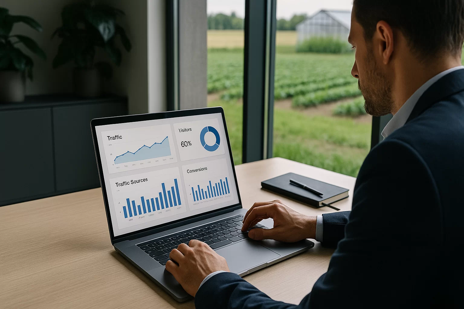 Profissional analisando métricas de marketing digital com elementos agrícolas ao fundo.