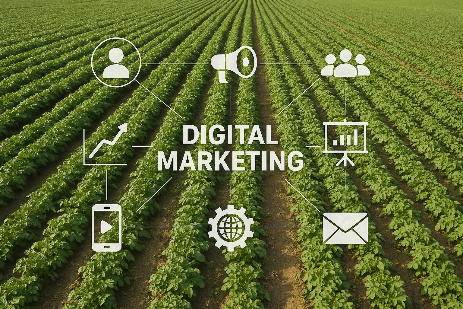Campo agrícola com ícones de marketing digital, evitando erros tráfego pago agro.
