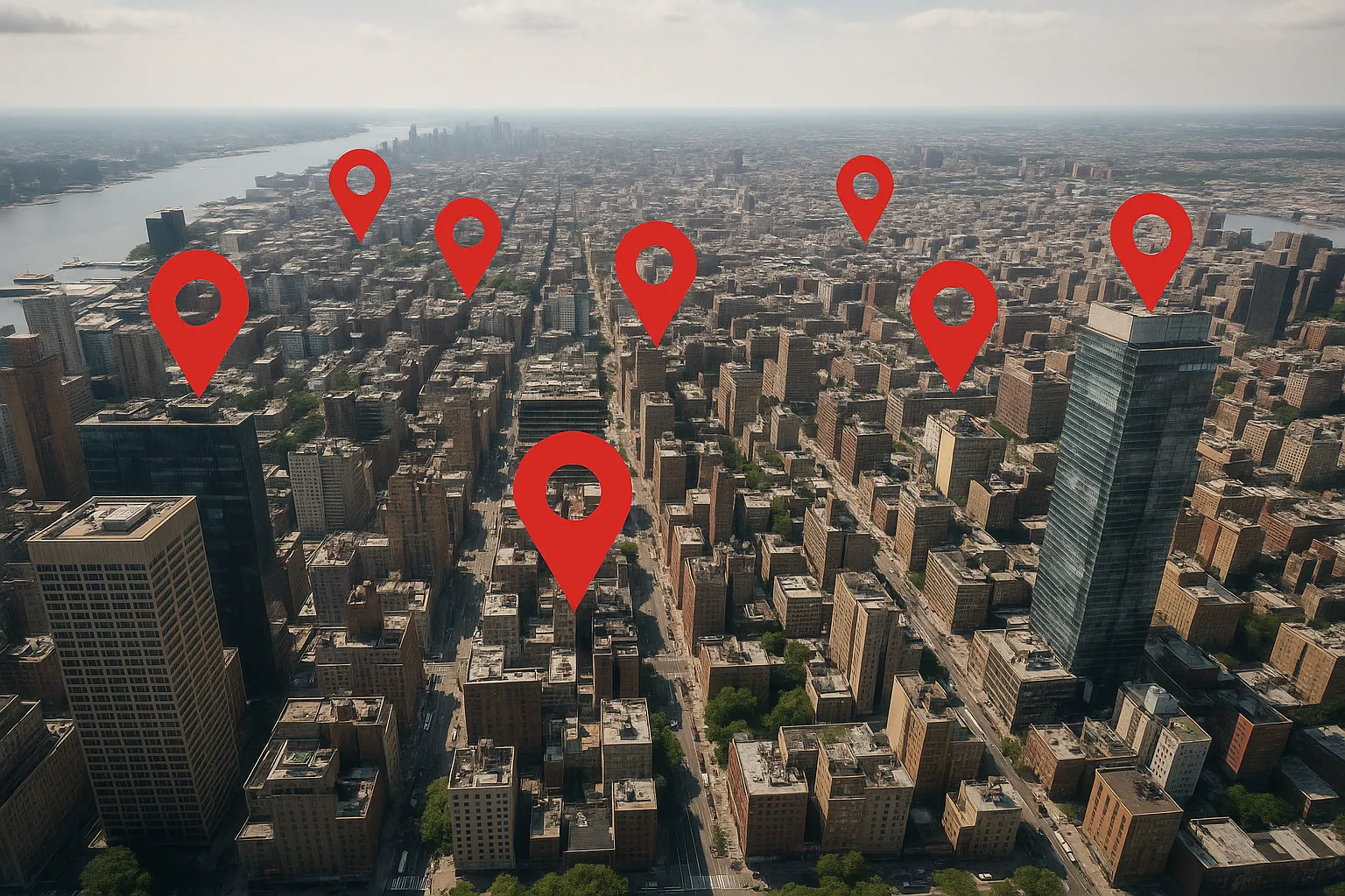 Visualização aérea de cidade com pinos de localização para geolocalização em tráfego pago.
