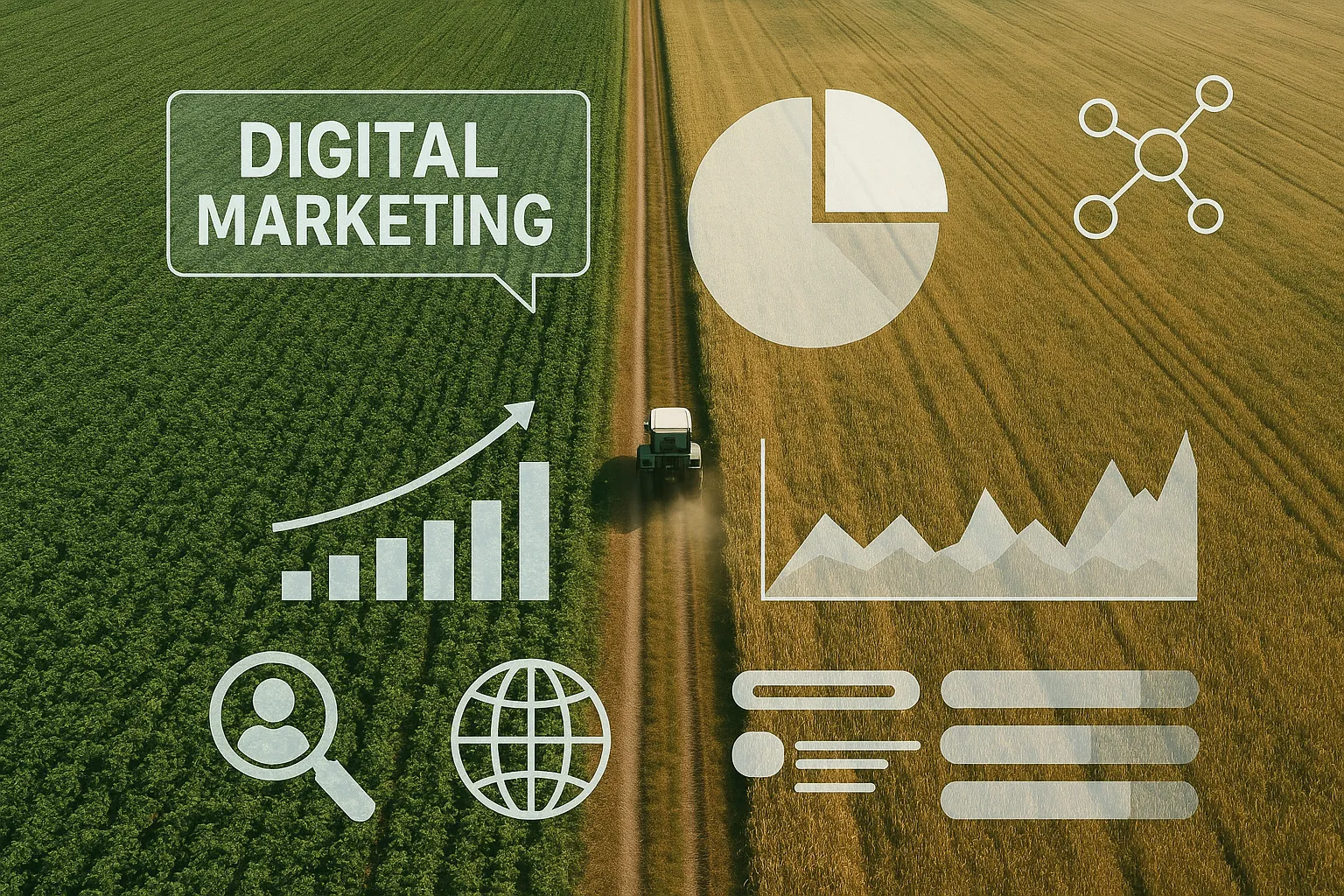 Visão aérea de um campo agrícola com sobreposição digital de Google Ads para agropecuária.
