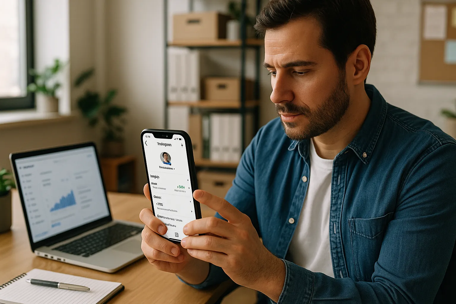 Empresário usando Instagram Plus no smartphone com foco em personalização.