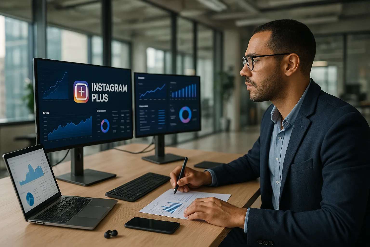 Analista de marketing digital usando o Instagram Plus.