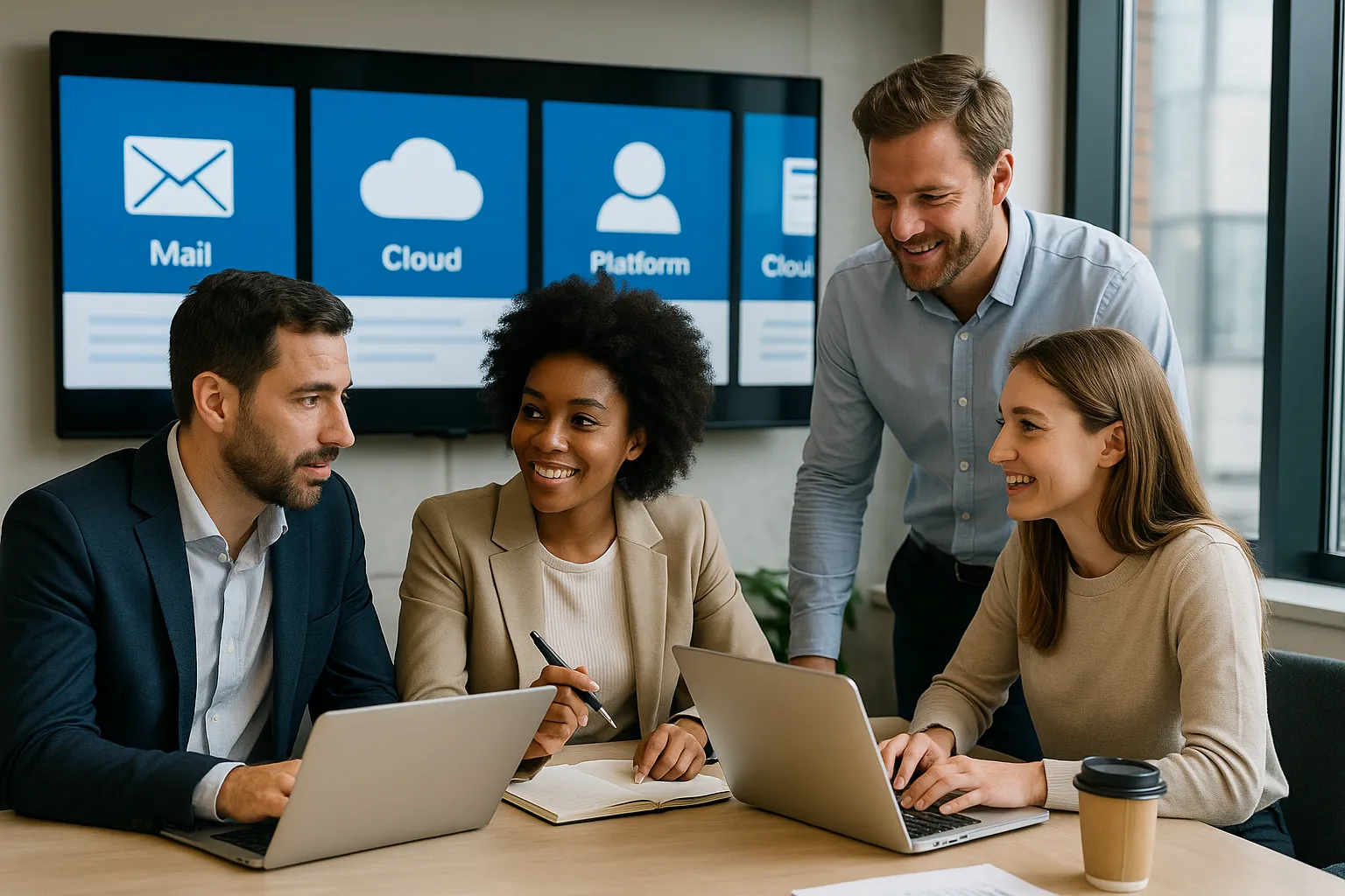 Equipe profissional discutindo a criação de sites profissionais.