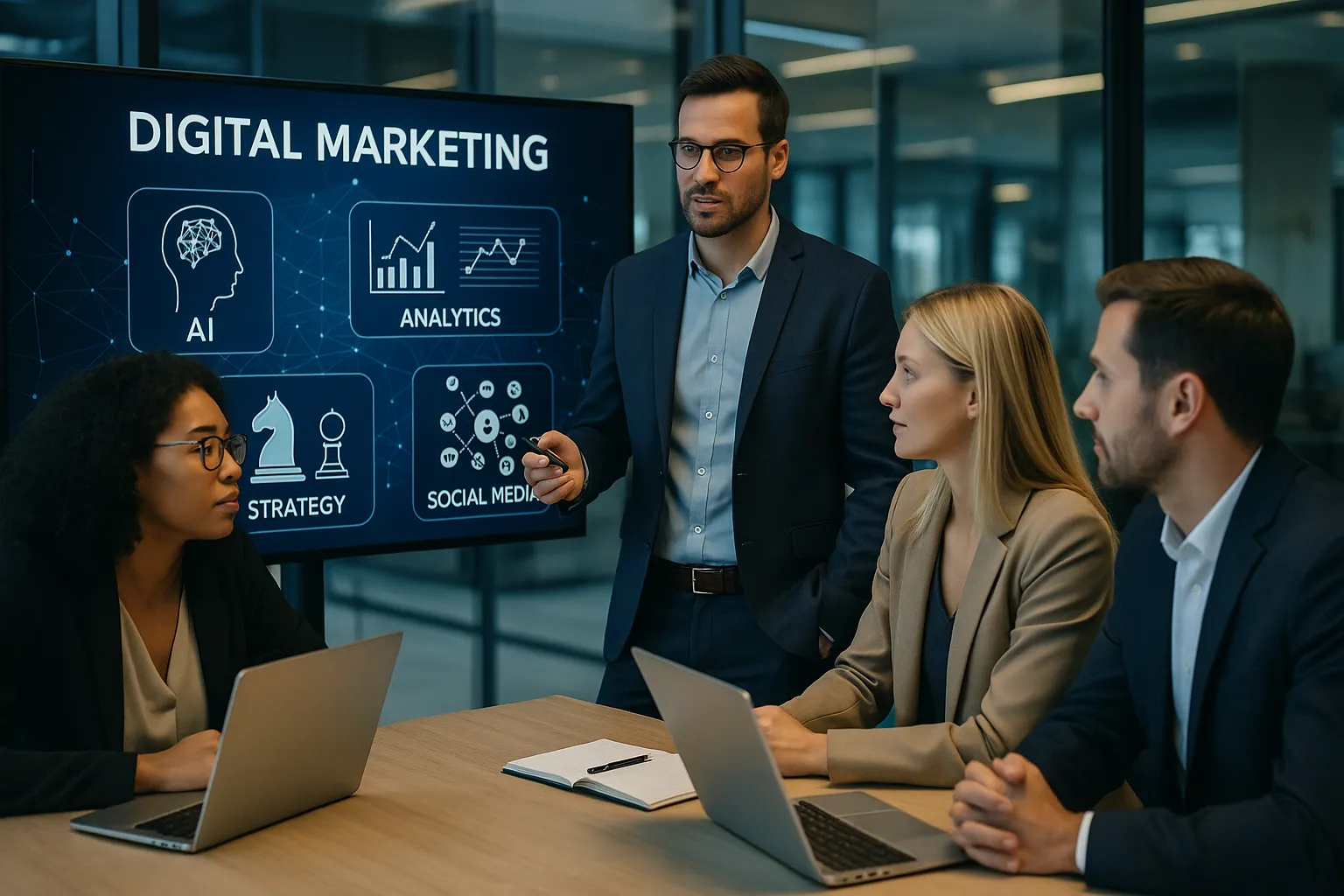 Profissionais discutindo estratégias de Inteligência Artificial no Marketing Digital em um escritório futurista.