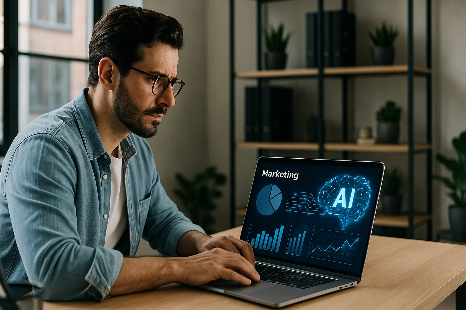 Empresário usando laptop com dados de marketing digital e inteligência artificial.