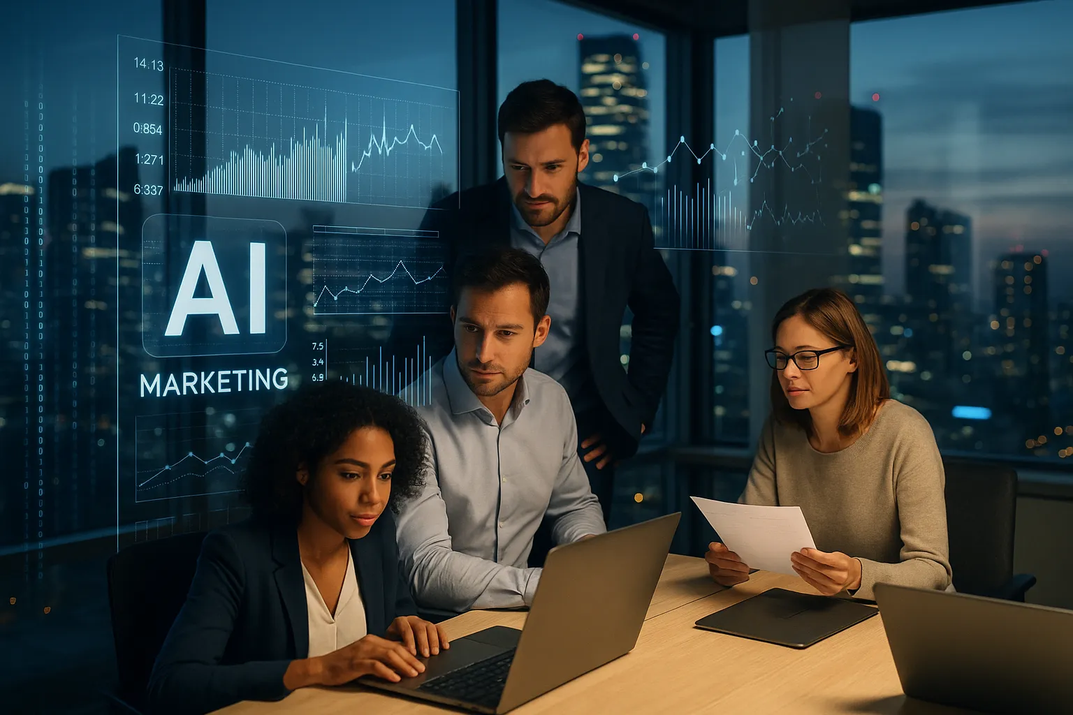 Visão futurista da cidade com dados digitais representando Inteligência Artificial no Tráfego Pago.