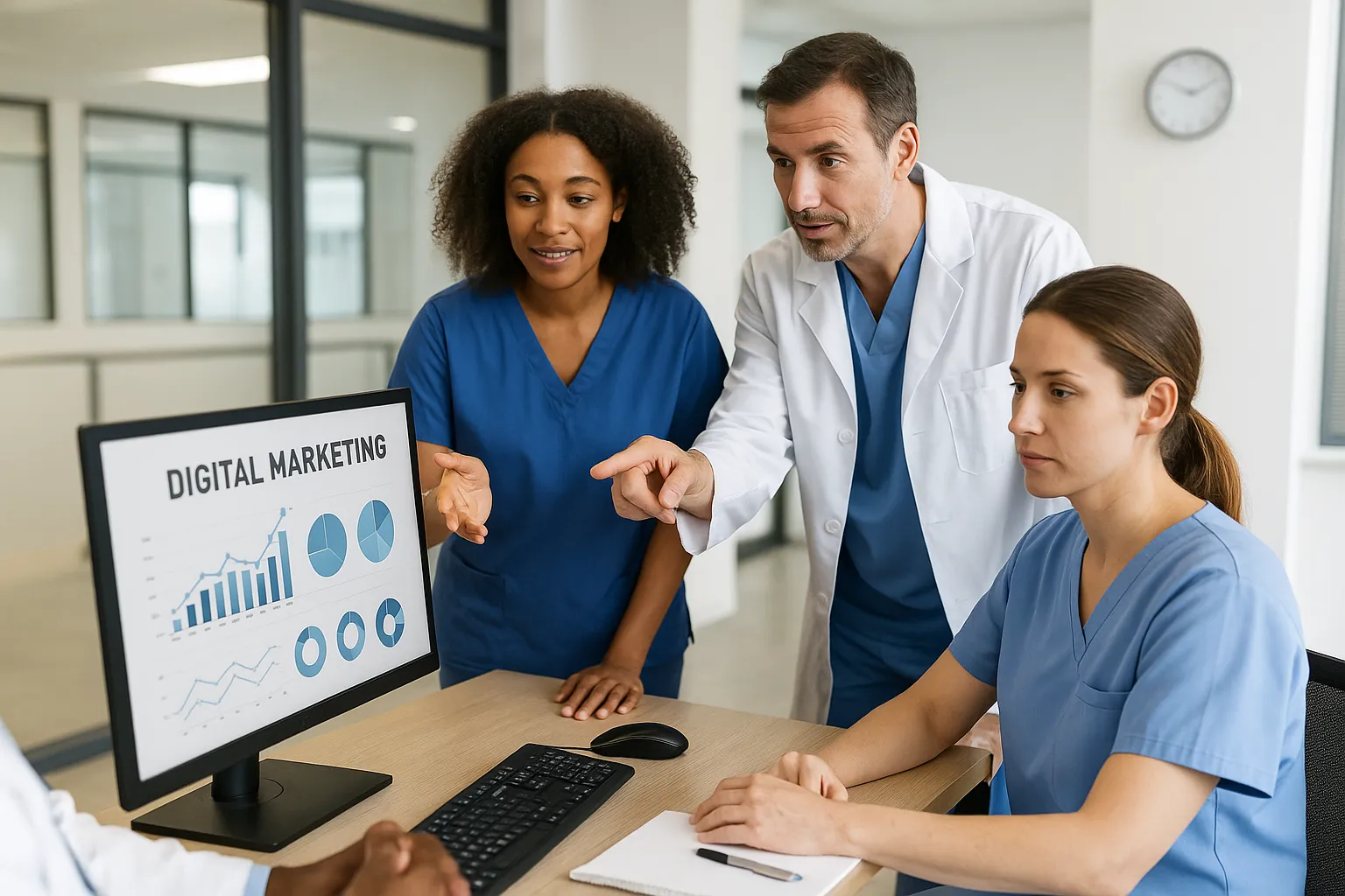 Profissionais de saúde discutindo estratégias de marketing médico