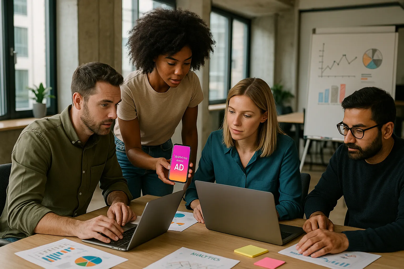 Equipe de marketing trabalhando em campanhas de tráfego pago no Instagram