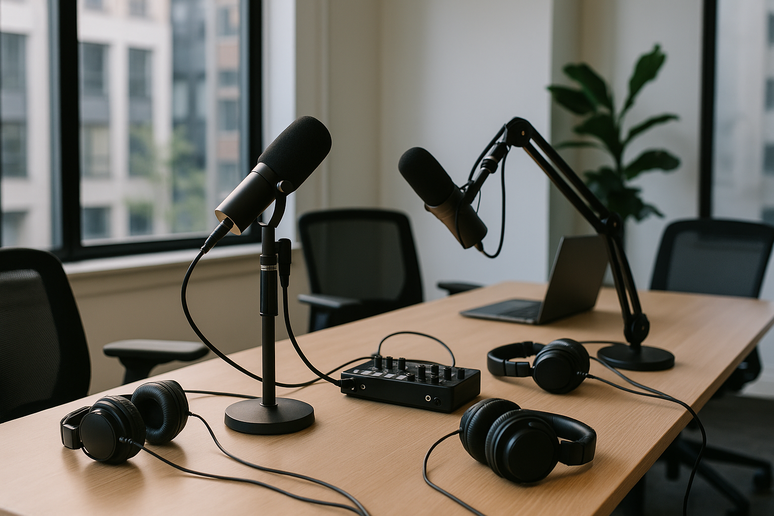 Um estúdio de podcast moderno com microfones de alta qualidade e uma interface de áudio.