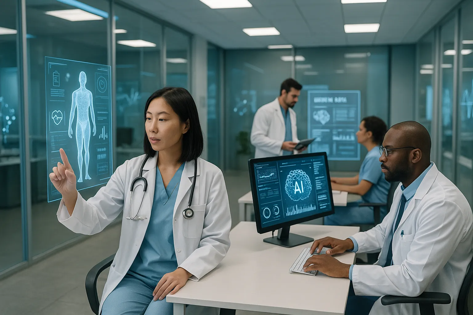 Clínica médica futurista com tecnologia de inteligência artificial.