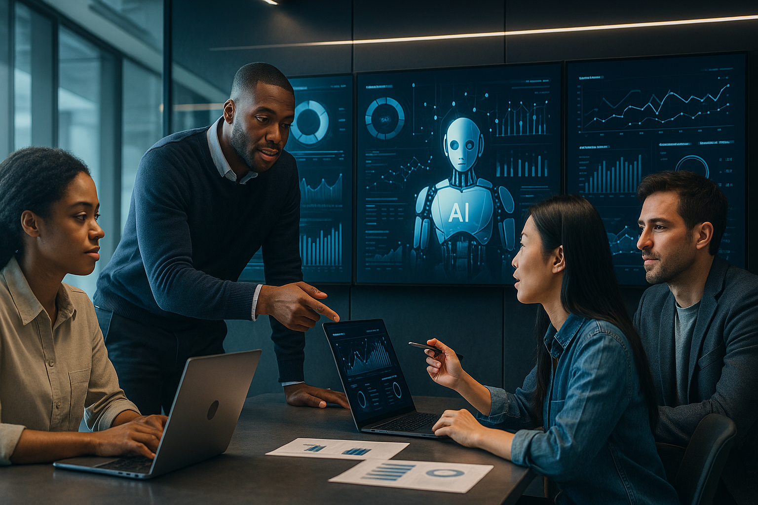 Equipe de marketing usando IA em um ambiente de trabalho moderno e digital.