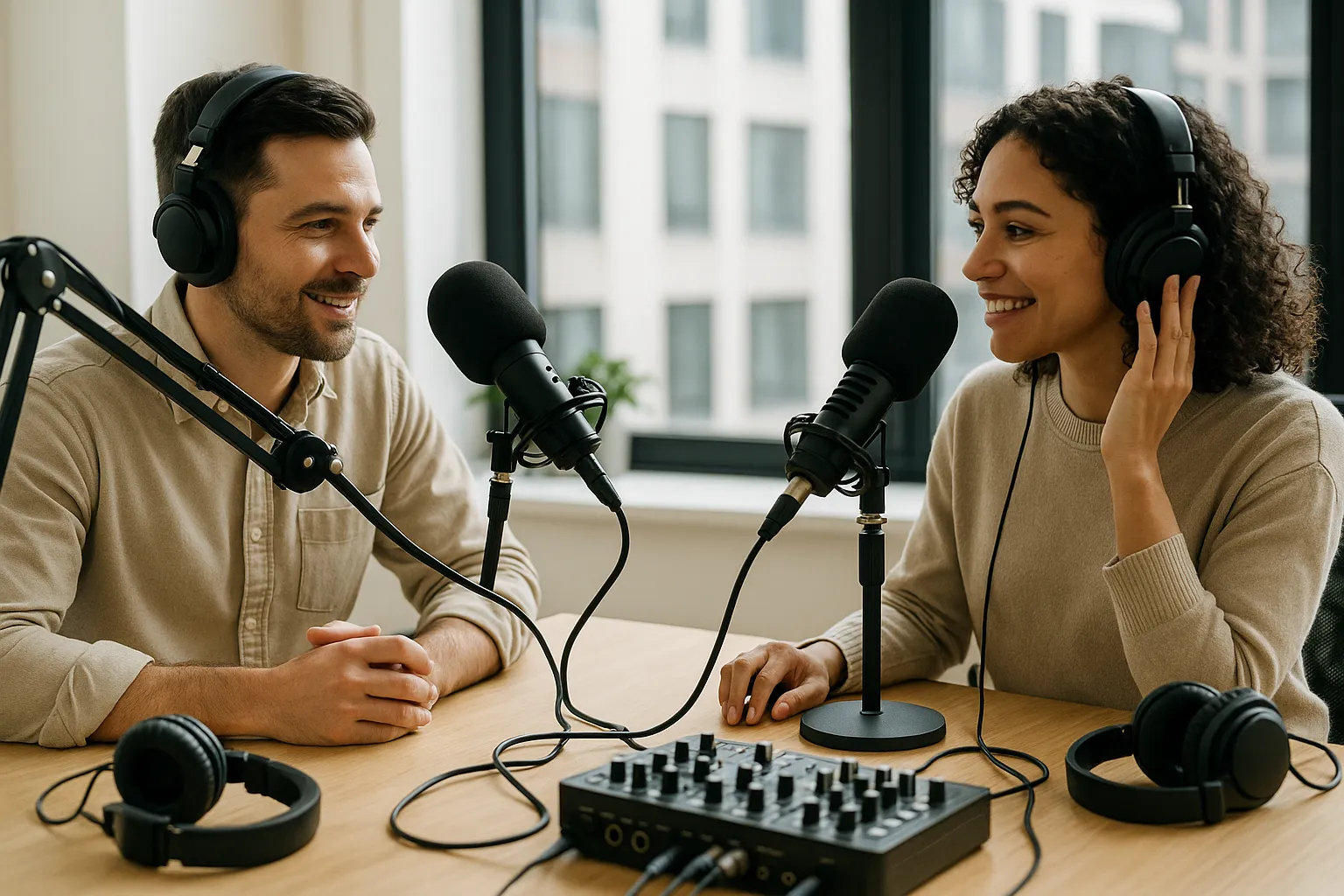 Configuração de estúdio de podcast moderno com equipamentos profissionais