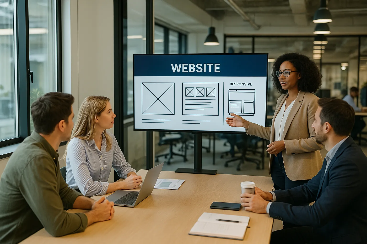 Equipe discutindo design de sites profissionais em escritório moderno