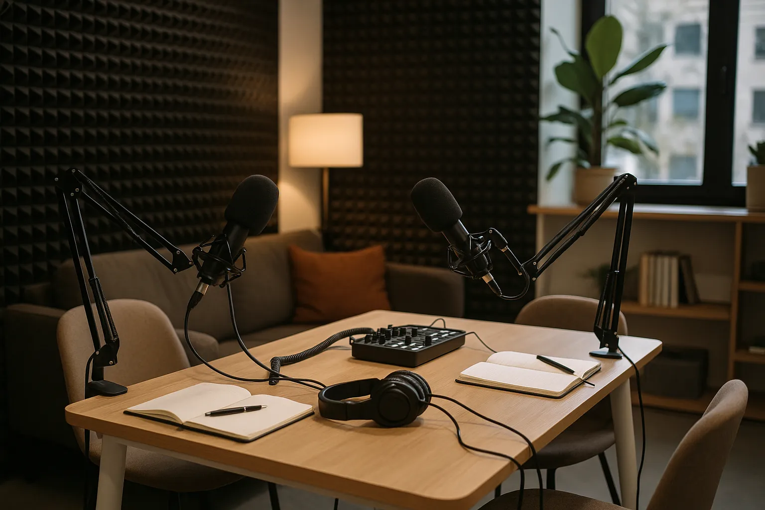 Estúdio de podcast profissional com equipamentos modernos.