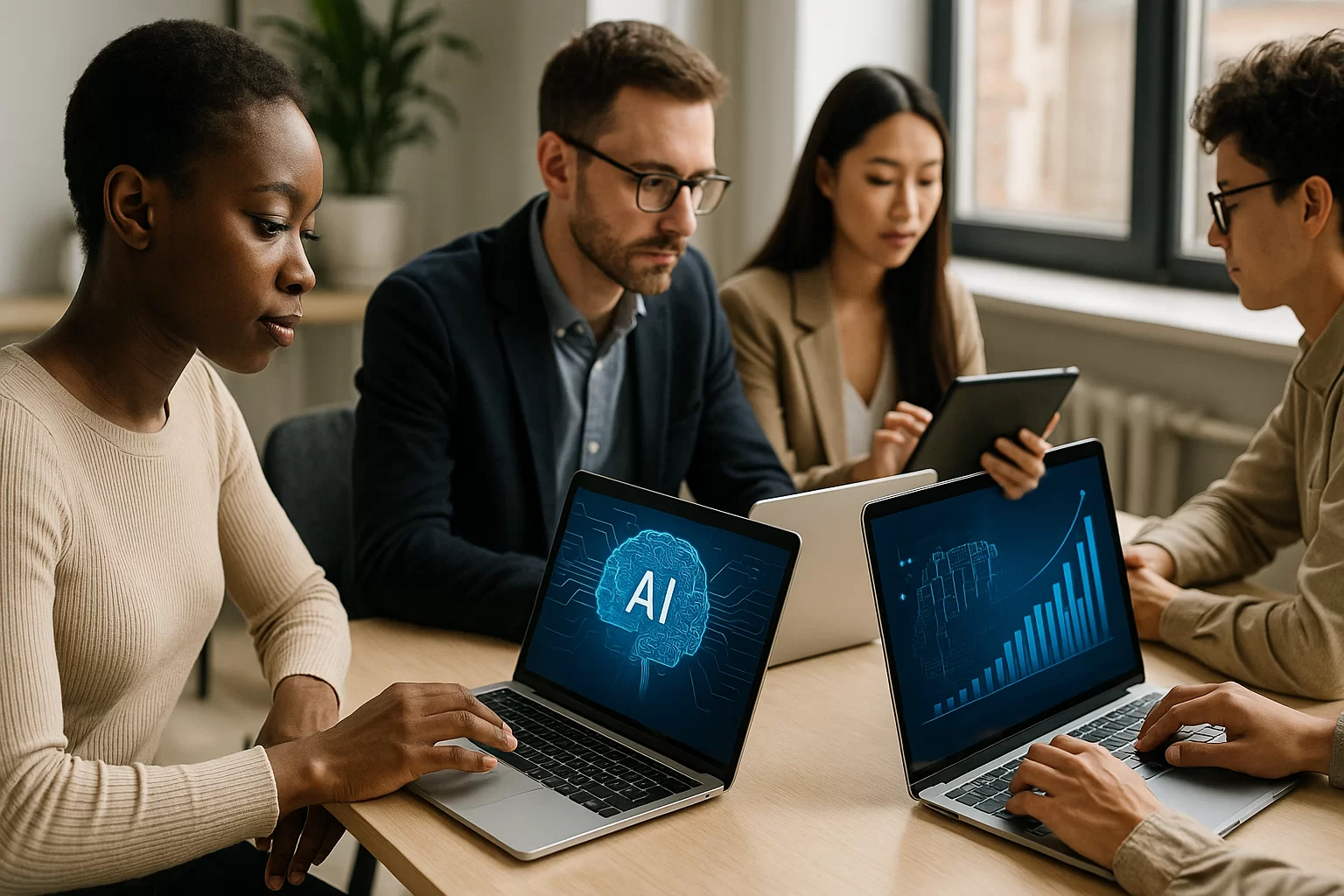 Profissionais utilizando IA em estratégias de marketing digital no escritório.
