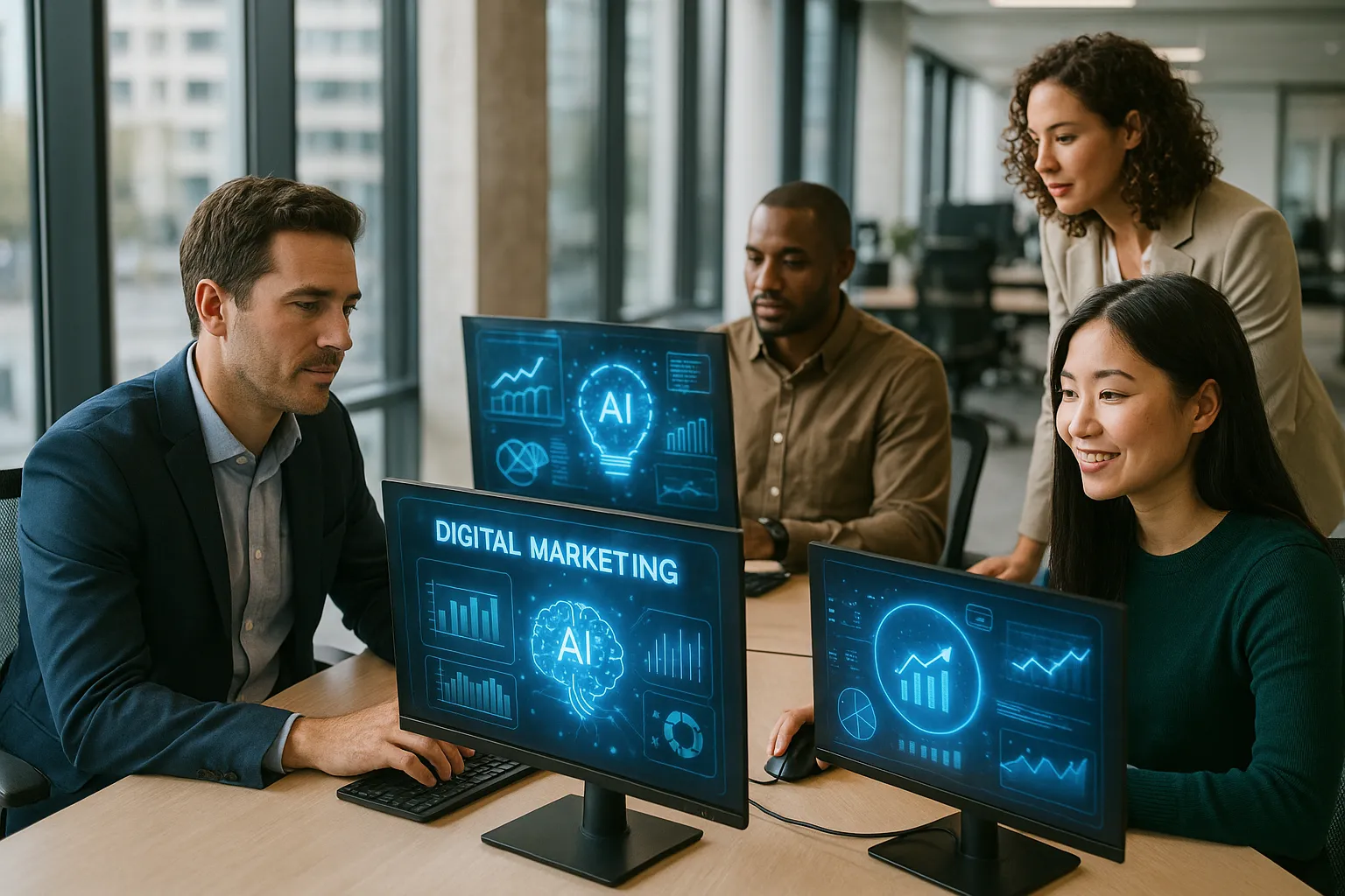 Profissionais de marketing em um escritório futurista usando inteligência artificial.