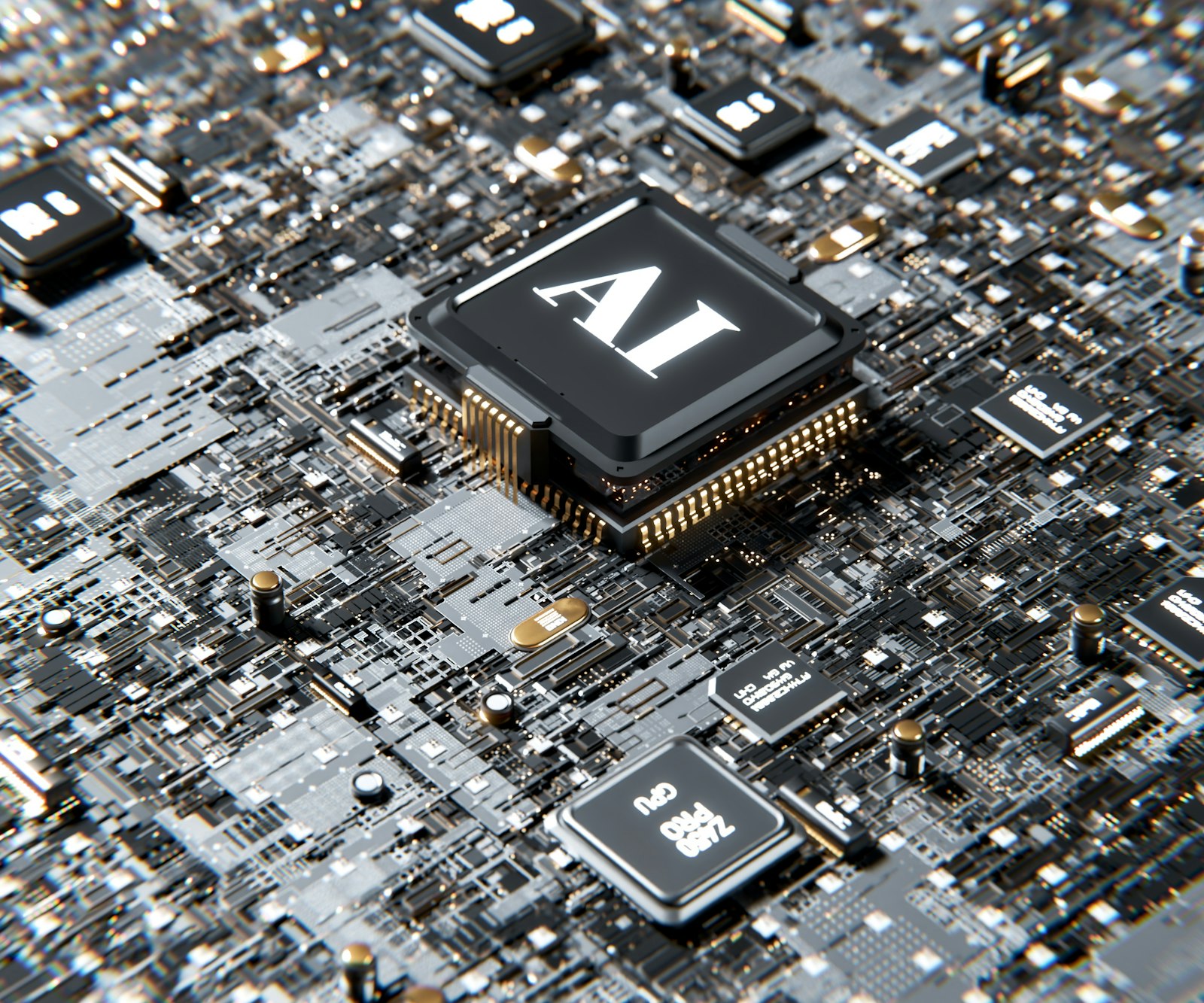 Chip de computador com a sigla AI, representando o processamento por trás da inteligência artificial