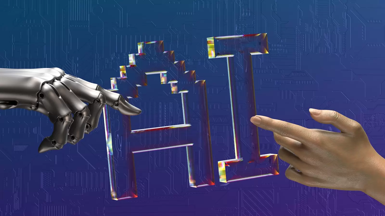 Mão humana e mão robótica se aproximando, representando automação com inteligência artificial