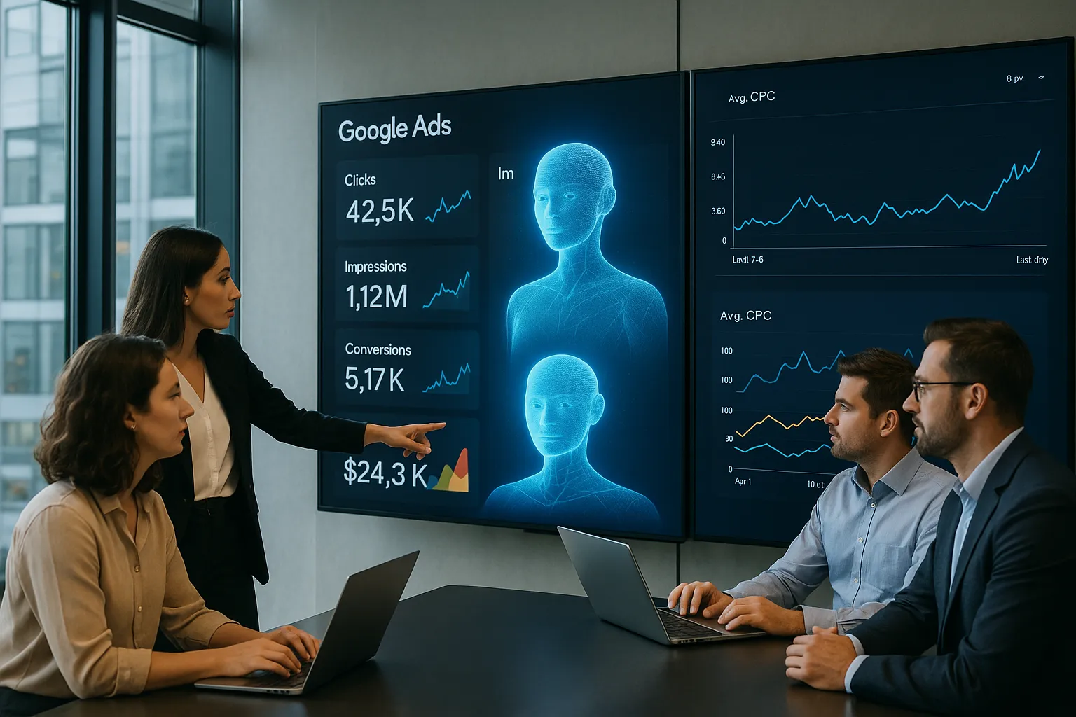 Equipe analisando o Google Ads com Inteligência Artificial