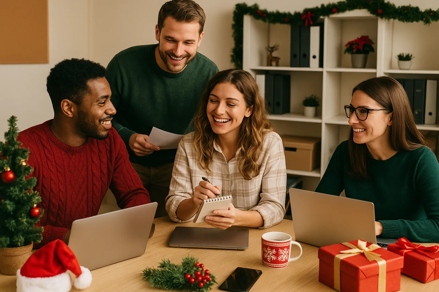 Equipe de marketing digital planejando campanhas de Natal no Instagram.