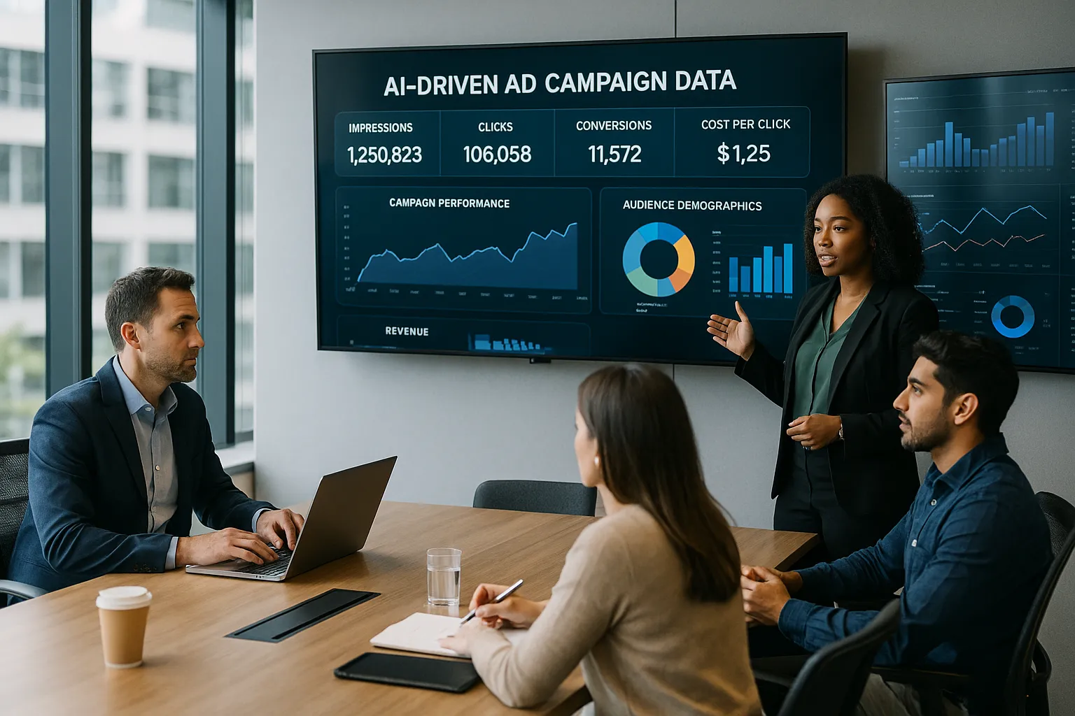 Equipe de marketing digital analisando dados de campanha de tráfego pago com IA.